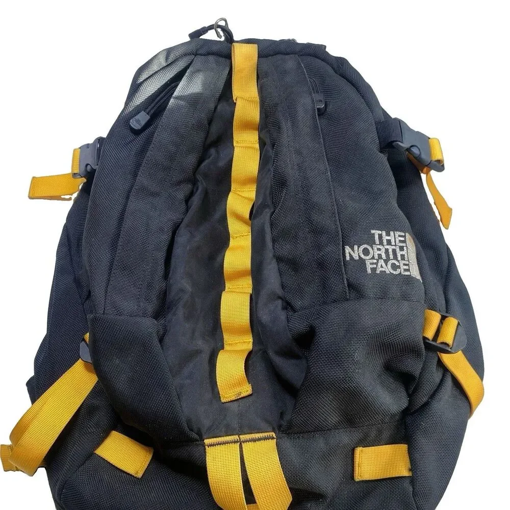 Vintage The North Face Backpack Black Yellow Big Shot Daypack Hiking Bag Y2K 90s